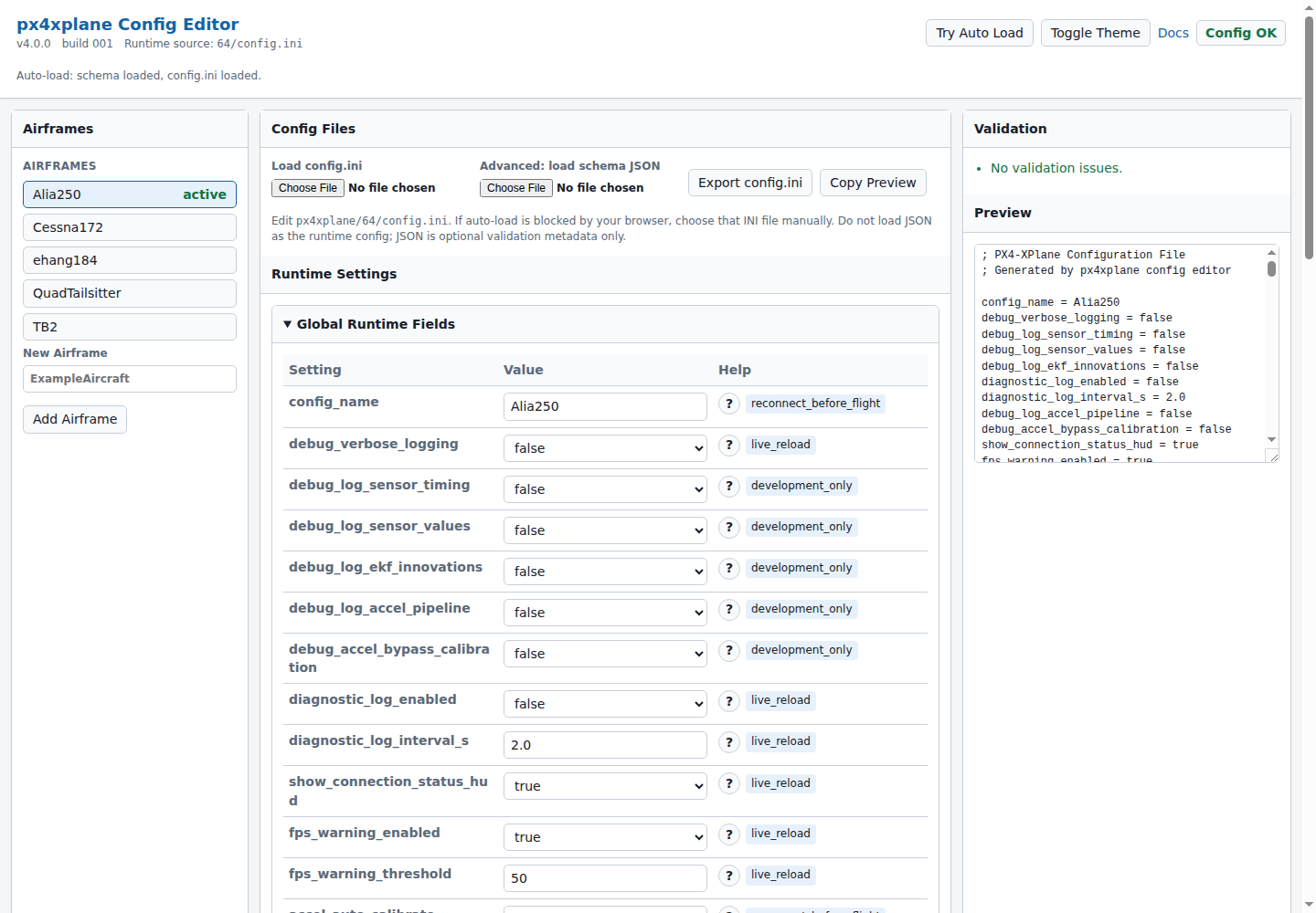 PX4-XPlane schema-driven aircraft configuration editor